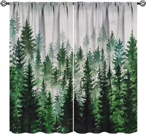 BAEKJIN Cortinas verdes de bosque brumoso, acuarela, naturaleza, paisaje, plantas, árbol, bolsillo para barra, opacas, tratamiento de ventana,