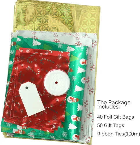 WesGen Bolsas de regalo de Navidad, 40 bolsas de regalo de Papá Noel en 4 tamaños y 4 diseños, con lazos y etiquetas