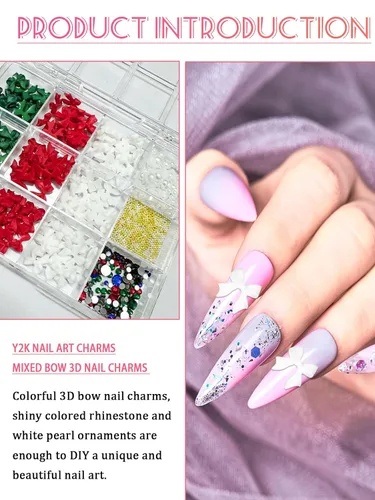 Miniatura 2 de CYHYII - Lazos 3D para arte de uñas, lazos coloridos mezclados con pajarita roja, verde, azul, diamantes de imitación para uñas, parte trasera