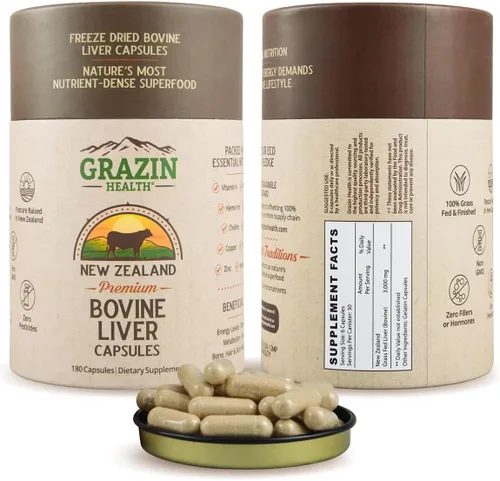 Hígado de res alimentado con pasto de Nueva Zelanda - Liofilizado 3000 mg por porción (500 mg por cápsula) (30 porciones)