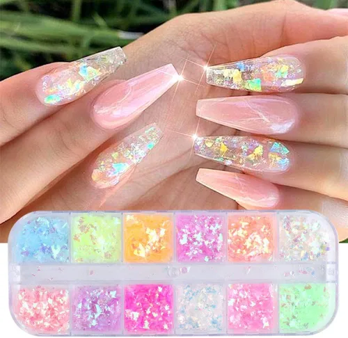 Miniatura 3 de 12 rejillas de lámina de uñas holográficas, copos de papel de aluminio holográfico para uñas, confeti con purpurina dorada y plateada, copos