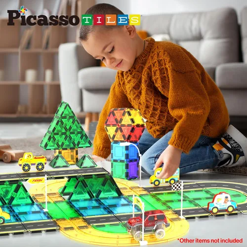 Miniatura 4 de PicassoTiles Azulejos Magnéticos de Construcción Pista de Autos Vehículo Magnético Tema de Aventura Calle Impresa Carretera Pista Autopista Bloque