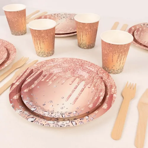 Miniatura 9 de Efavormart - Juego de vajilla de papel de goteo de 72 piezas, color oro rosa, platos desechables para cena y postre con tazas a juego para dulces 16