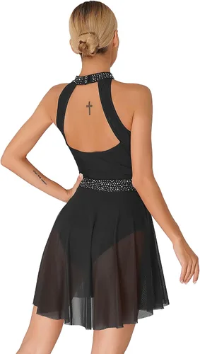 Miniatura 2 de FEESHOW Women Shiny Rhinestone Lyrical Dance Dress Backless Leotard Dresses Figure Skating Dance Costume