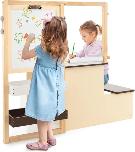 Miniatura 9 de Costzon Caballete para niños, centro de arte de madera con pizarra de doble cara y pizarra blanca, rollo de papel para dibujo, manualidades