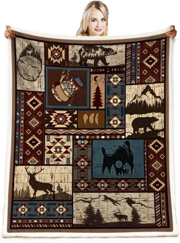 Manta Azteca Otoñal Rústica del Suroeste Americano Nativo - Navajo, Mexicana, India, Diseño de Oso y Ciervo - Decoración de Granja para Sofá, Cama,