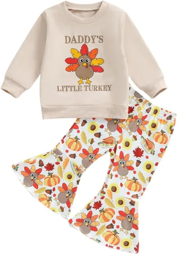 Miniatura 8 de BemeyourBBs Conjunto de sudadera de manga larga de pavo para niña con pantalones acampanados, ropa de otoño