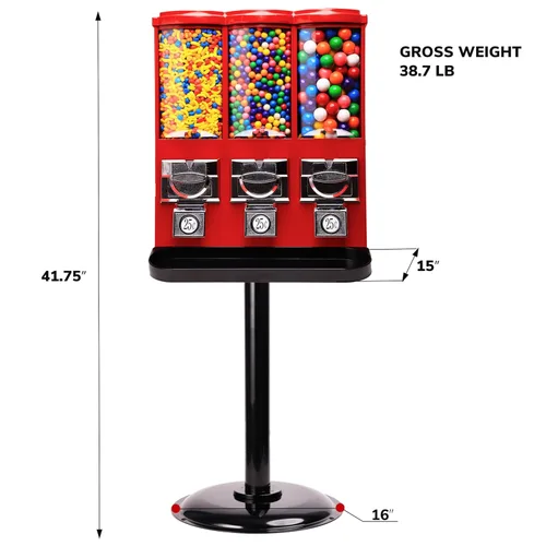 Miniatura 7 de Máquina expendedora – Máquina comercial de chicles y dulces con soporte y recarga en paquete – Máquina expendedora triple roja con recipientes