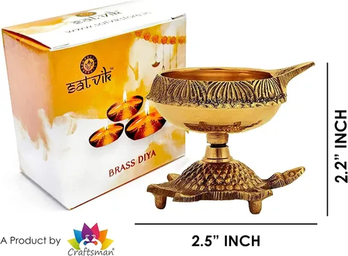 Miniatura 3 de SATVIK - Juego de 1 pieza de tortuga Kuber de latón Lámpara de aceite de latón virgen tradicional hecha a mano con grabado dorado para Puja