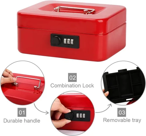 Miniatura 4 de Decaller Caja de dinero con cerradura de combinación, caja de seguridad de metal pequeña con bandeja de dinero, 7 4/5 x 6 4/5 x 3 3/5 pulgadas