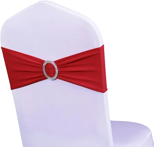 Miniatura 34 de Paquete de 50 bandas elásticas para sillas de bebé azul para boda, bandas elásticas de licra con hebilla deslizante, arcos de sillas de spandex