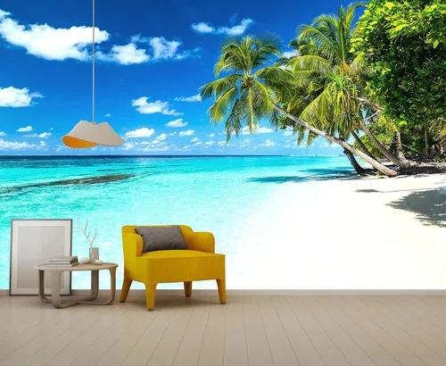 Miniatura 6 de Reyhui - Papel tapiz con imagen de palmera, paraíso tropical, playa, paisaje marino, para paredes de dormitorio, sala de estar, fondo de televisión