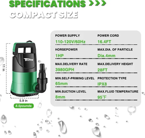 Miniatura 5 de TRUPOW Bomba de sumidero de 1 HP Bomba de agua sumergible 3981 GPH Bomba eléctrica termoplástica portátil para piscina, jardín, sótano, tina