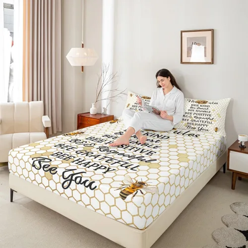 Miniatura 5 de Juego de ropa de cama de nido de abeja, sábana bajera ajustable de abeja para niños y niñas, diseño geométrico de vida silvestre voladora, juego