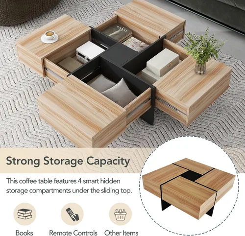 Miniatura 6 de DHAEY Mesa de centro cuadrada con 4 compartimentos de almacenamiento ocultos, mesa central con mesa deslizante extensible, mesa de cóctel, mesa