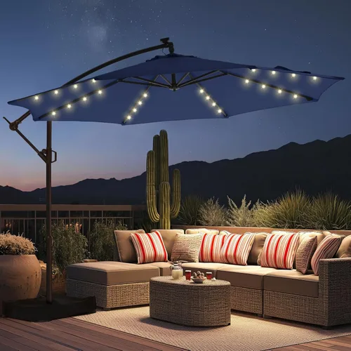 Miniatura 14 de HOMSHADE - Sombrilla de patio de 10 pies con luces solares, voladiza, con luz y base, sombrilla colgante para exteriores con protección UV UPF50+