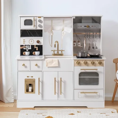 ROBOTIME Cocina de juego de simulación para niños, cocina de juguete de madera con máquina de hielo, máquina de café, horno y accesorios - Divertido