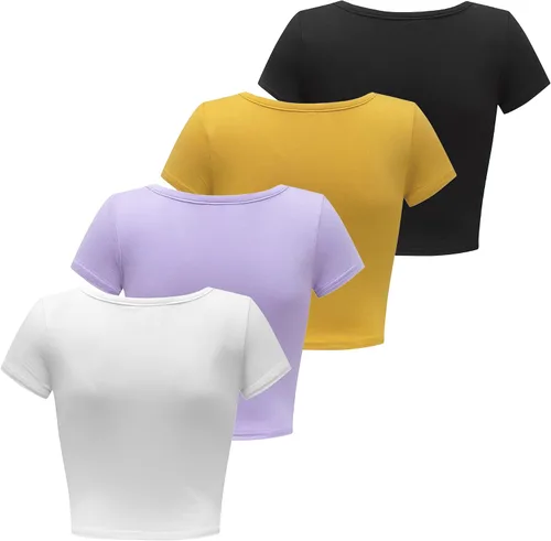 Miniatura 3 de Formeet17 4 piezas de camisetas cortas básicas con cuello redondo y manga casquillo para mujer