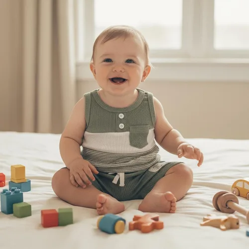 Miniatura 35 de Ropa de bebé niño sin mangas + pantalones cortos con estampado a rayas con bolsillos, 2 piezas de trajes de verano
