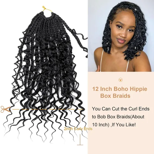 Miniatura 3 de Diha - Trenzas de caja Goddess de ganchillo con puntas rizadas de 12 pulgadas, trenzas de ganchillo bohemias, paquete de 8 trenzas 3X, extensiones