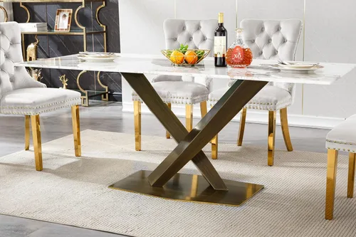 Miniatura 27 de Mesa de comedor de mármol negro para 4, 6, 70 pulgadas, moderna mesa de comedor de cocina dorada con base de acero inoxidable con diseño