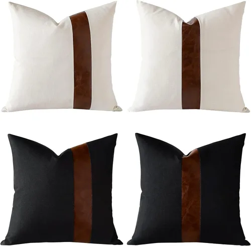Miniatura 7 de OTOSTAR Juego de 4 fundas de almohada de lino con retazos de piel sintética de 20 x 20 pulgadas, decoración de granja a rayas, modernas, fundas