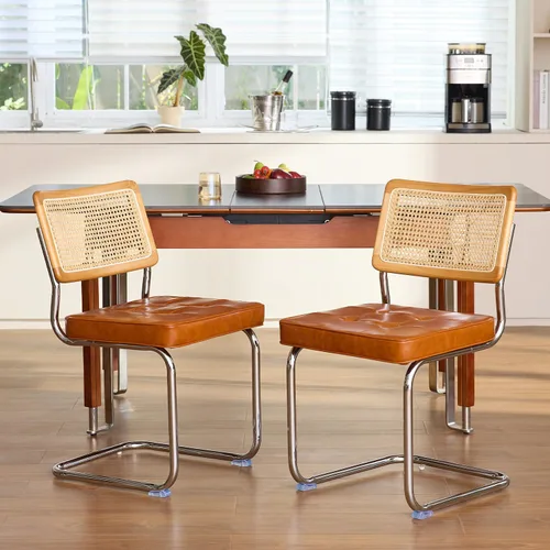 Miniatura 8 de GrandNoor Juego de 2 sillas de comedor de ratán negro con cromo, sillas de cocina de madera modernas de mediados de siglo, sillas de comedor