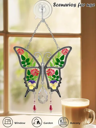 Miniatura 8 de KY&BOSAM Atrapasoles de cristal con diseño de mariposa para colgar ventanas, chaim de viento con flor preservada y dije de corazón de metal, regalo