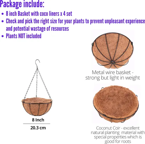 Miniatura 2 de LaLaGreen - Cestas colgantes para plantas al aire libre (paquete de 4, 8 pulgadas) macetas colgantes al aire libre con forro de coco, pequeñas