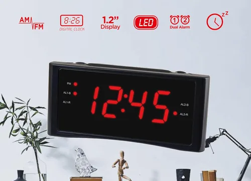 Miniatura 3 de HANNLOMAX Radio despertador HX-151CR, radio PLL AM/FM, alarma dual, pantalla LED roja de 1.2", solo operación de CA (negro)