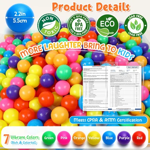 Miniatura 3 de Hovenlay Pelotas para hoyo de bolas, sin ftalatos, plástico a prueba de aplastamiento, 7 colores brillantes en juguetes reutilizables para niños