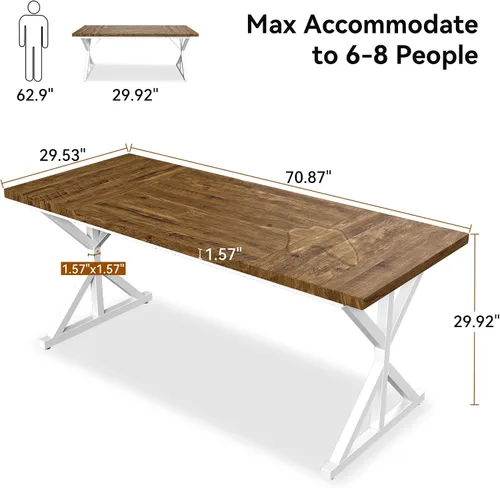 Miniatura 2 de Mesa de comedor de granja para 6-8 personas, mesa de comedor rectangular de madera de 70.8 pulgadas, mesa de cocina rústica con patas de metal extra