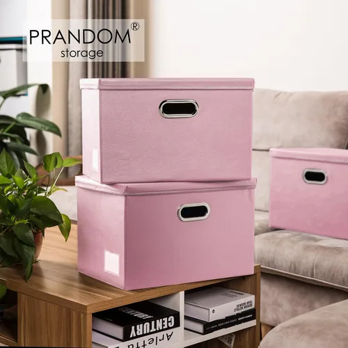 Miniatura 2 de PRANDOM - Cajas de almacenamiento grandes apilables con tapas (paquete de 3 unidades), cajas organizadoras de tela de cuero plegables con tapa