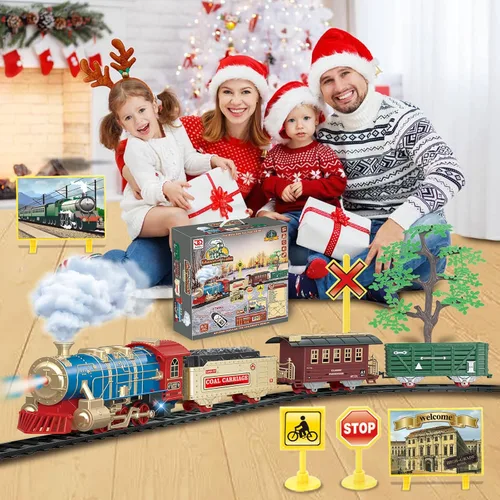 Miniatura 7 de JQ JUQU Juego de tren de control remoto para niños de 3 a 8 años, tren de juguete eléctrico con vapor, luces y sonidos, incluye 17 pistas y batería