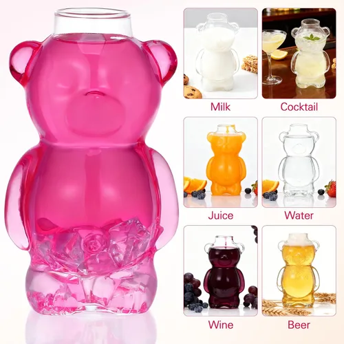 Miniatura 7 de PRETYZOOM Paquete de 2 vasos de cóctel en forma de oso de 13 onzas de borosilicato transparente – Cristalería de animales novedosos para vino, jugo