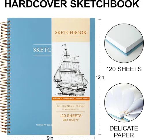 Miniatura 3 de Cuaderno de bocetos de tapa dura de 9 x 12 pulgadas para dibujo, bloc de bocetos con espiral de 120 hojas, cuaderno de bocetos de arte premium