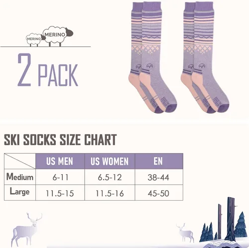 Miniatura 5 de 2 paquetes de calcetines de esquí de lana de merino, sobre la pantorrilla (OTC) antideslizantes para hombres y mujeres