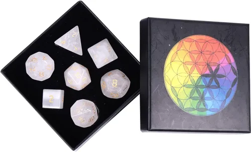 Miniatura 20 de Nupuyai Juego de dados poliédricos D&D de cristal de cuarzo rosa curativo con caja para Calabozos y Dragones, juego de 7 dados de mesa para RPG MTG
