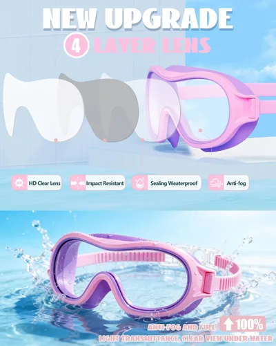 Miniatura 7 de Aegend Paquete de 2 gafas de natación para niños de 3 a 15 años, antivaho, anti-UV, visión amplia, impermeables, sin fugas, para niños y niñas Azul