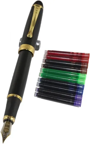 Gullor Jinhao 450 - Pluma estilográfica con punta normal, color negro, con 5 cartuchos de tinta de colores