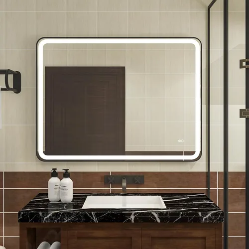 WELLFOR Espejo LED enmarcado de 48 pulgadas de ancho x 36 pulgadas de largo, espejo rectangular de esquina redondeada de metal con luces para baño,