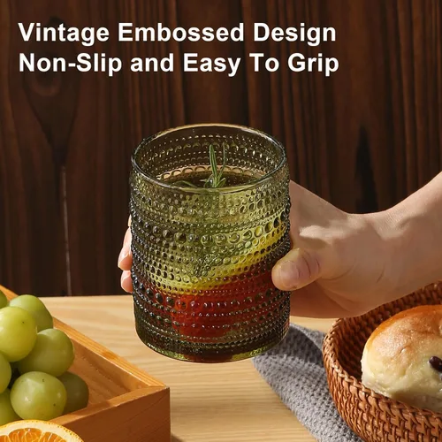 Miniatura 6 de ZMOWIPDL Juego de 8 Vasos de Beber Vintage con Relieve, Verde de 12 oz y 15 oz Vasos Highball, Cristalería para Bebidas de Cocina, Vaso de Agua