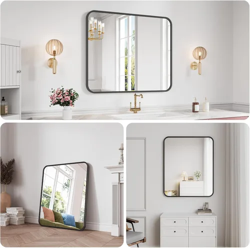 Miniatura 5 de Koonmi Espejo de baño, 30 x 30 pulgadas, espejo con marco de metal negro para baño, vidrio templado, antioxidante, espejo rectangular redondeado