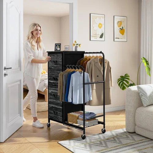 Miniatura 8 de Romorgniz Cómoda 3 en 1 con estante para colgar, 4 cajones de tela con doble perchero y ruedas, organizador alto de armario para dormitorio, Negro