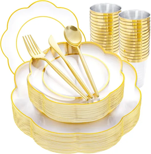Miniatura 18 de ejonirinjonir EI - 180 platos de plástico beige con cubiertos de plástico dorado, platos desechables de alta resistencia para fiestas, juego
