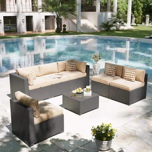 Miniatura 5 de Aoxun Juego de muebles de patio, 7 piezas de sofás seccionales para exteriores con funda impermeable, mimbre de ratán para exteriores, juego