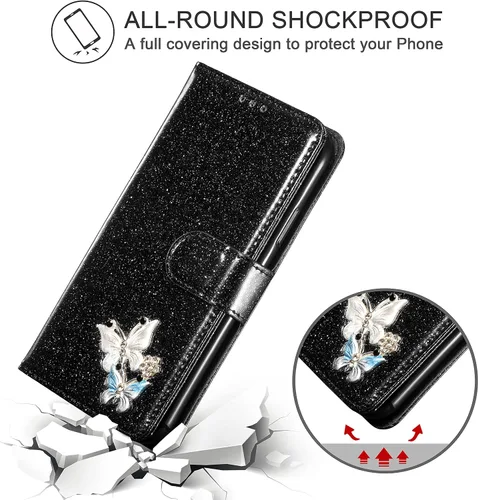 Miniatura 4 de UEEBAI Funda tipo cartera para iPhone 11, funda de piel sintética con purpurina para teléfono, ranuras para tarjetas, funda con función atril