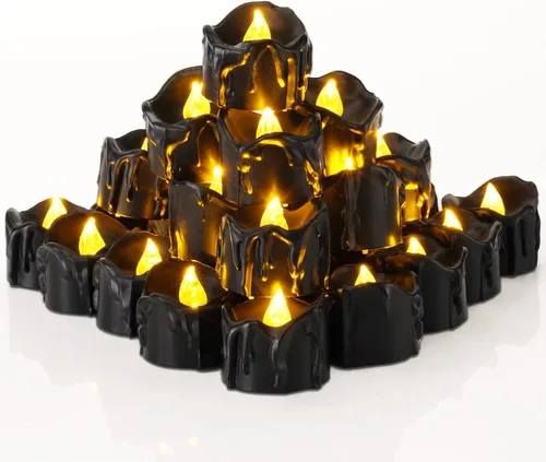 Miniatura 9 de Homemory Paquete de 24 velas de té sin llama de Halloween, color negro, funciona con pilas, velas LED parpadeantes, seguras para calabazas, negro