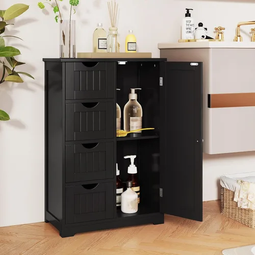 Miniatura 2 de Tangkula Armario de suelo de baño, armario de almacenamiento independiente con 4 cajones y una sola puerta, estante ajustable, almacenamiento