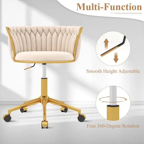 Miniatura 7 de ABET - Silla de tocador con ruedas, pequeña silla de oficina de terciopelo, taburete de maquillaje semi-circular tejido a mano para mujeres